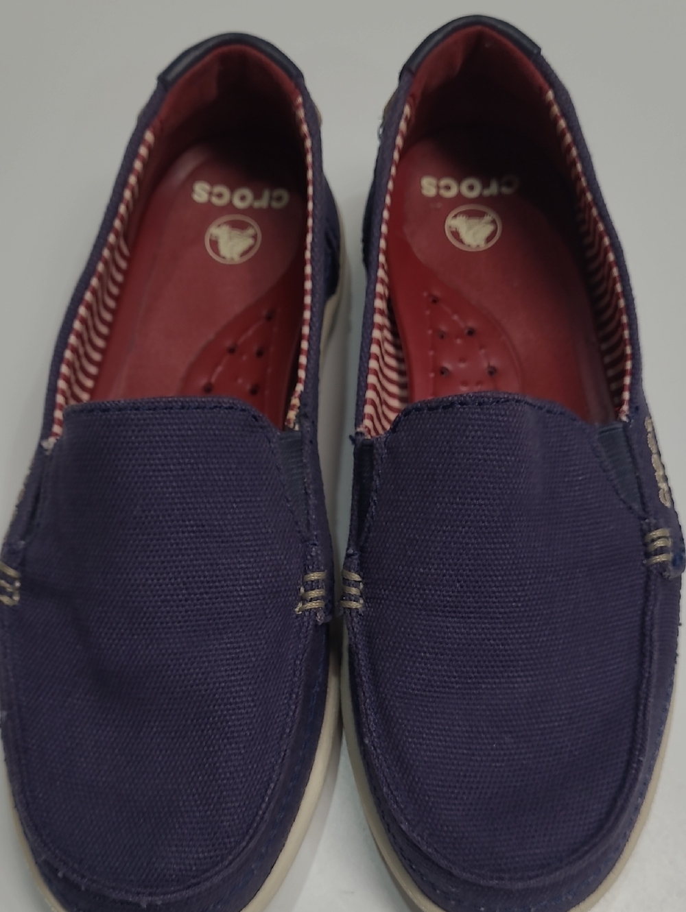 CROCS Navy Canvas Slip-On Loafers with Red Insole - Size 6